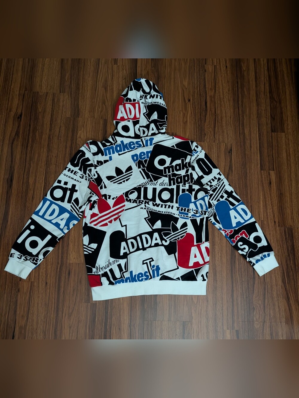 Adidas Graphic Logo Zip-Up Hoodie in White, Black, Red & Blue - Picture 2 of 3